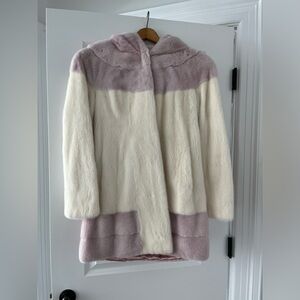 White and pink rabbit fur coat